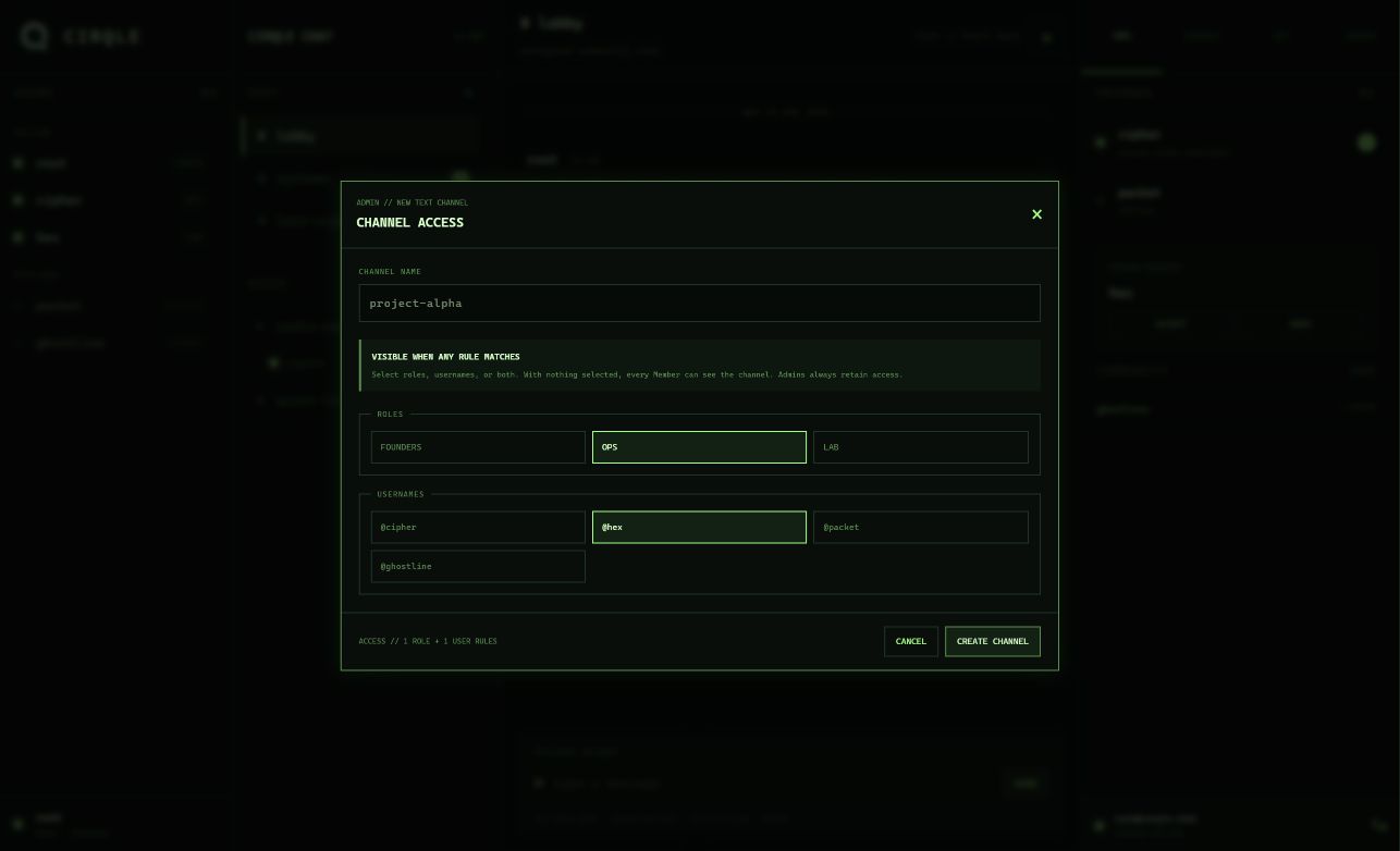 Cirqle Chat channel creator selecting access by custom role or individual username