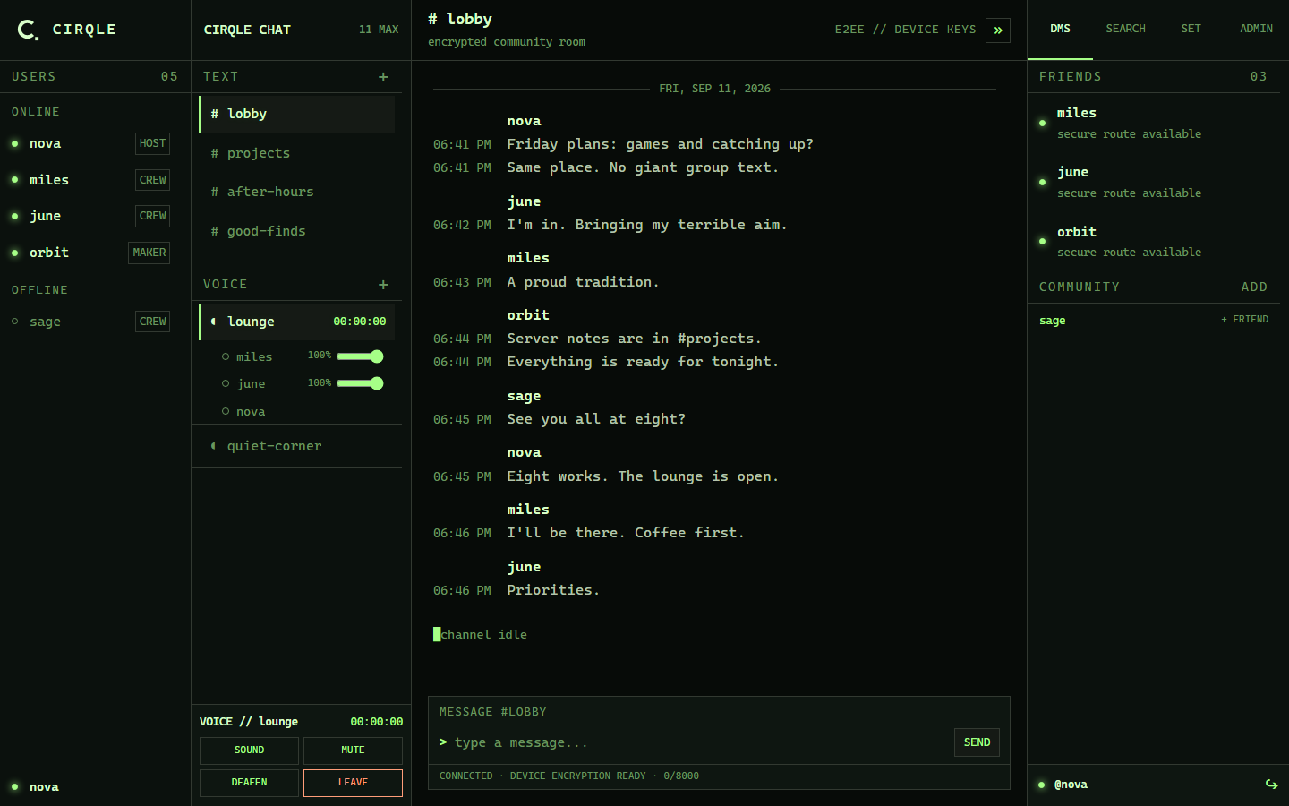 The real Cirqle interface with fictional friends chatting, organized rooms, and voice participants in a green color scheme