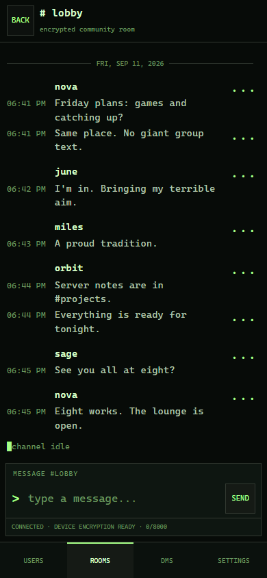 Cirqle mobile web showing a fictional room conversation and bottom navigation