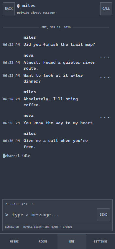 Cirqle mobile web showing a private conversation between fictional friends